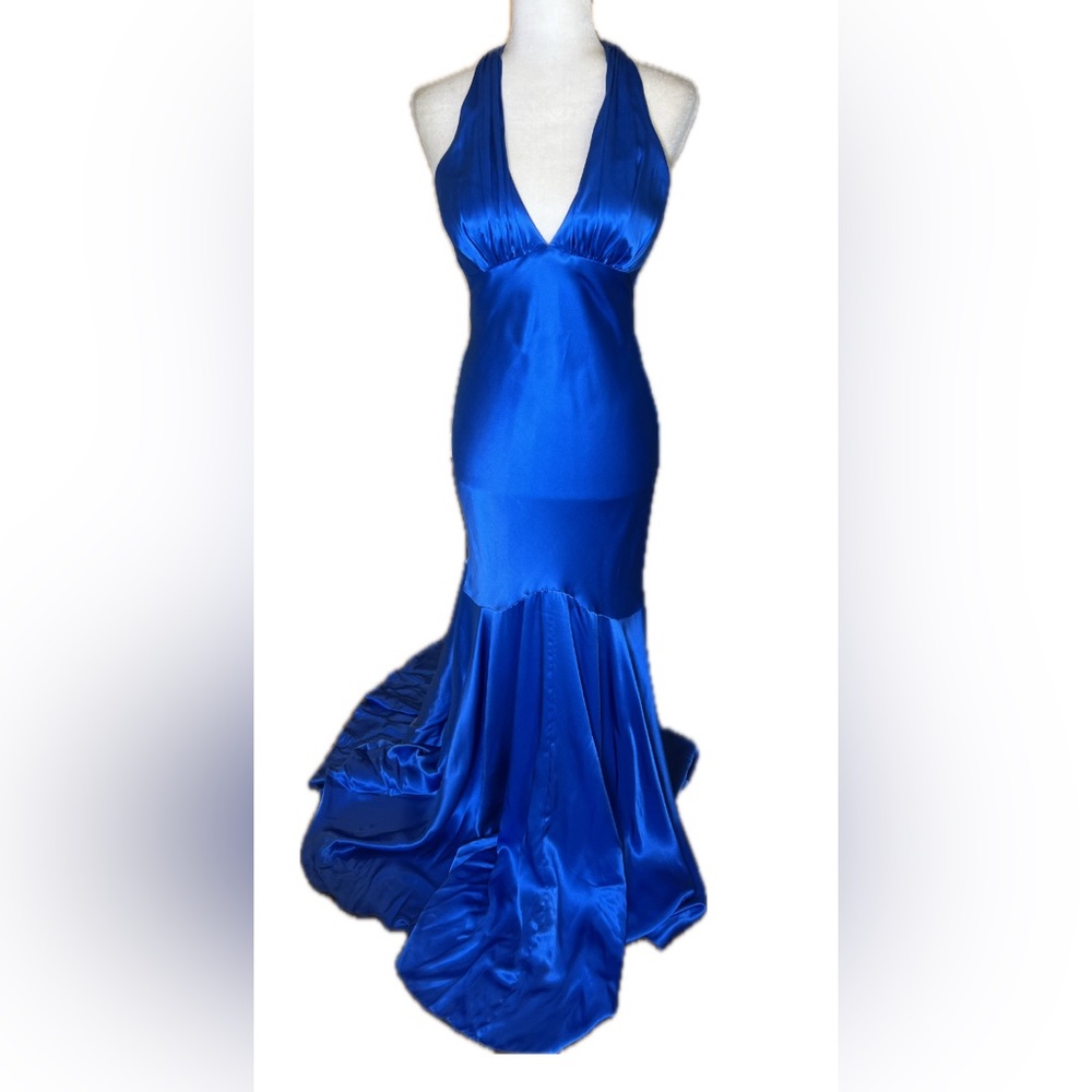 Cache Vintage Royal Blue V-Neck Silk Evening Floor Length Dress 4 Four Y2K - Picture 3 of 11